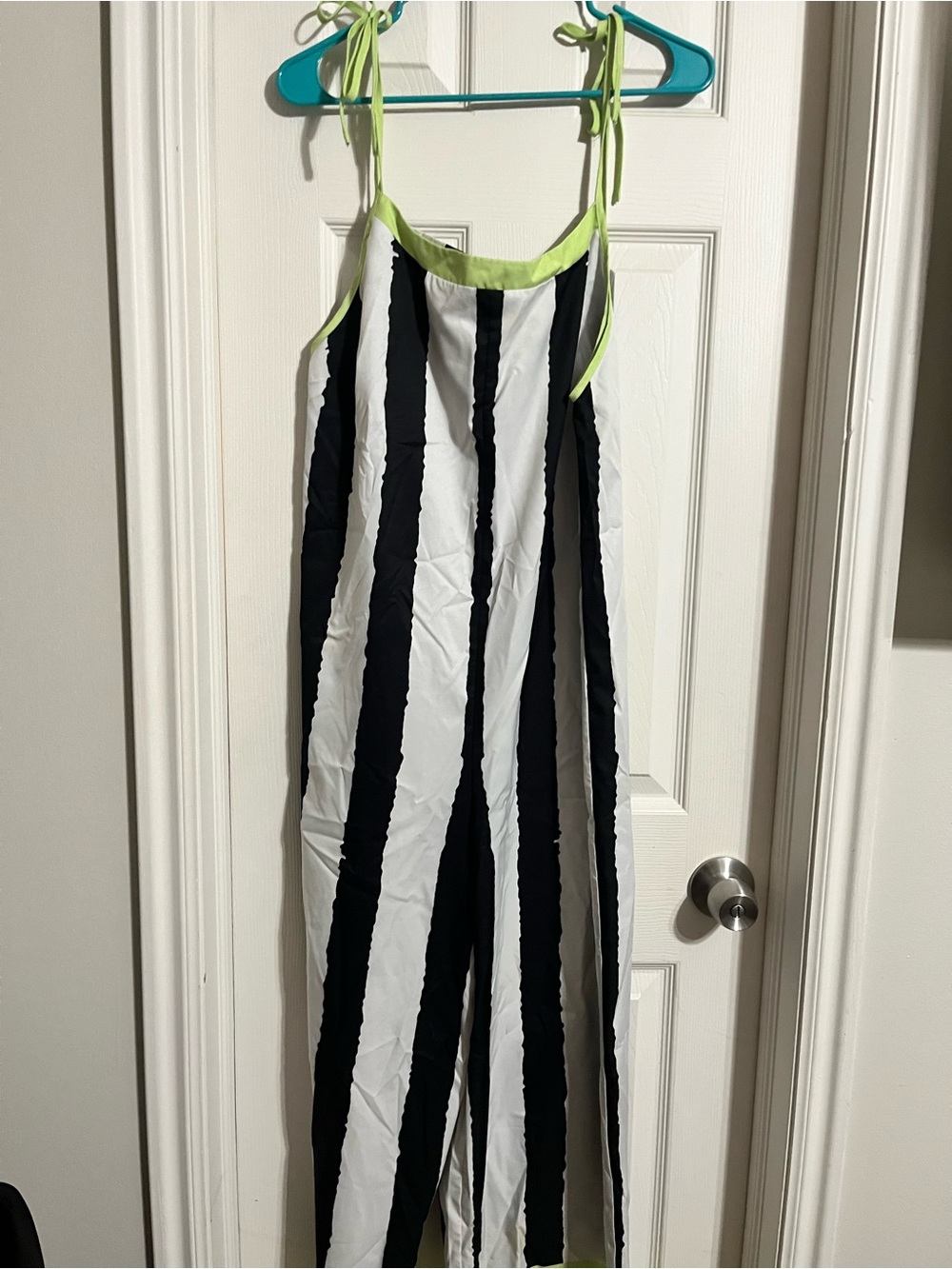 Women’s large  Black & White Stripe One-Piece Jumpsuit with Lime Trim